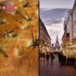 Splitscreen of delicious focaccia bread and the streets of Milan