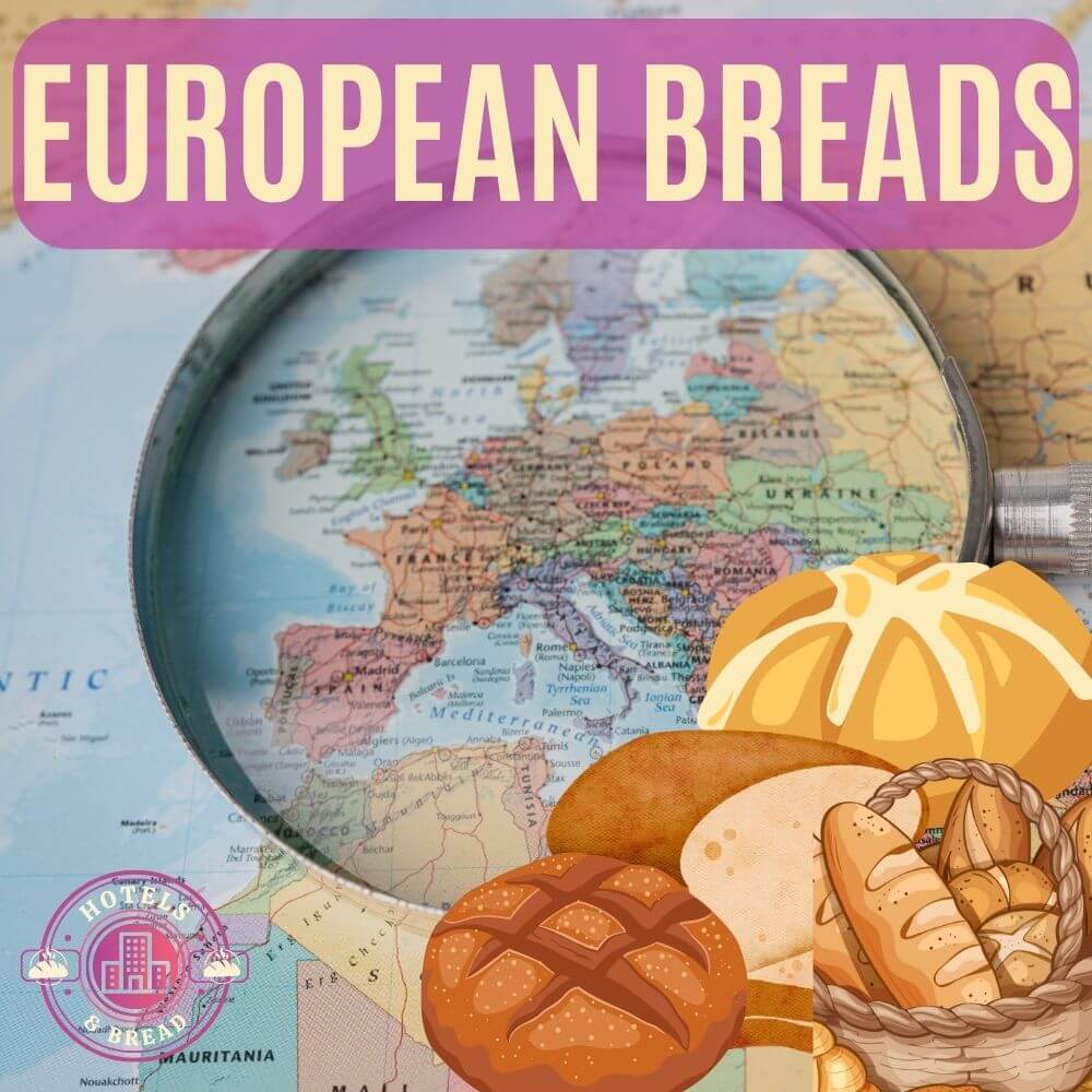 Europe map with graphics of breads and the hotels and bread logo
